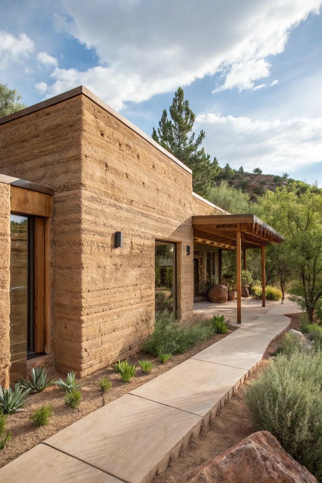 Sturdy and sustainable compressed earth home with a rustic appeal.
