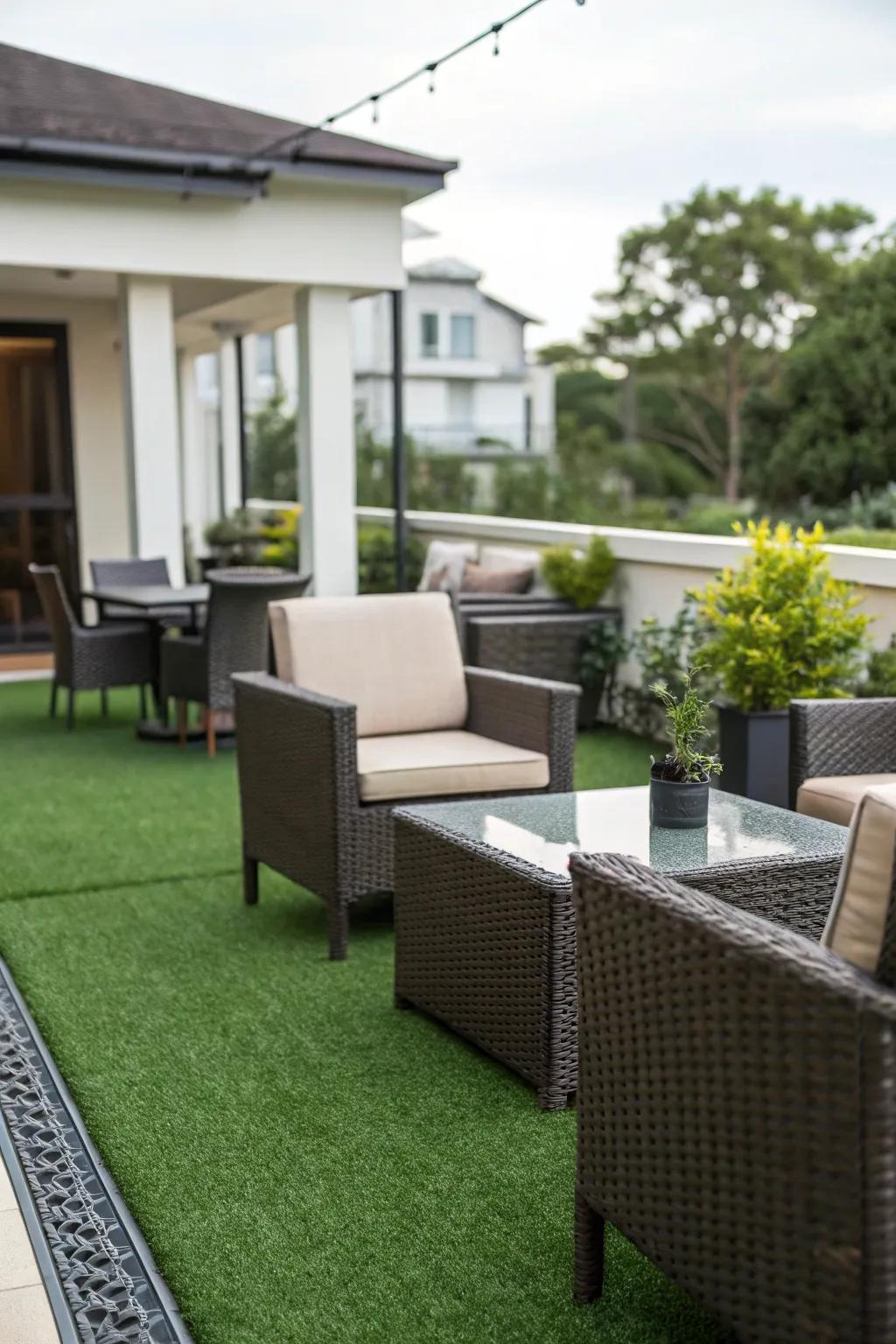 Artificial turf creating a lush, low-maintenance patio.