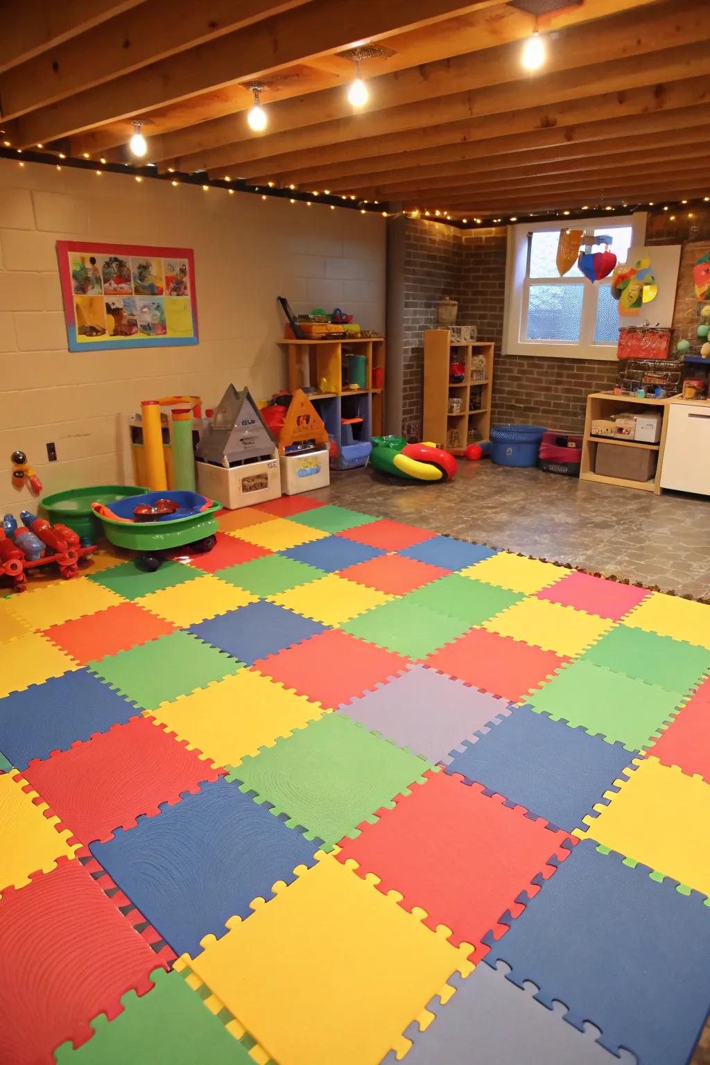 Foam tiles create a safe and playful setting for basement playrooms.