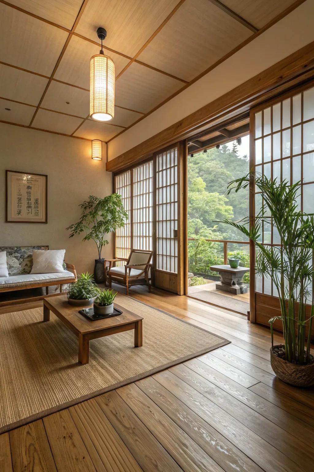 Cane flooring delivers eco-friendly elegance.