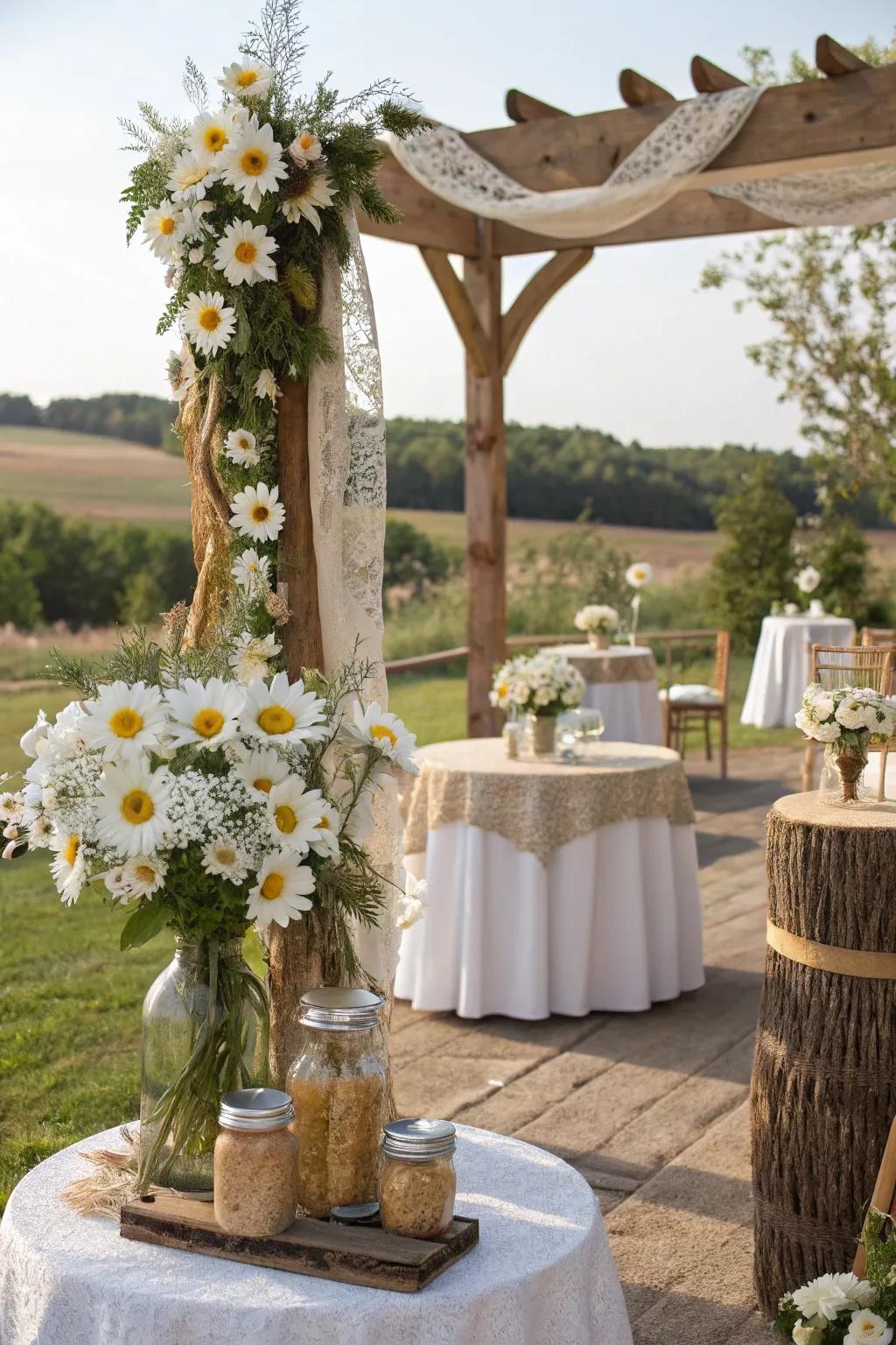 Daisies infusing cheer and economy into an organic wedding.