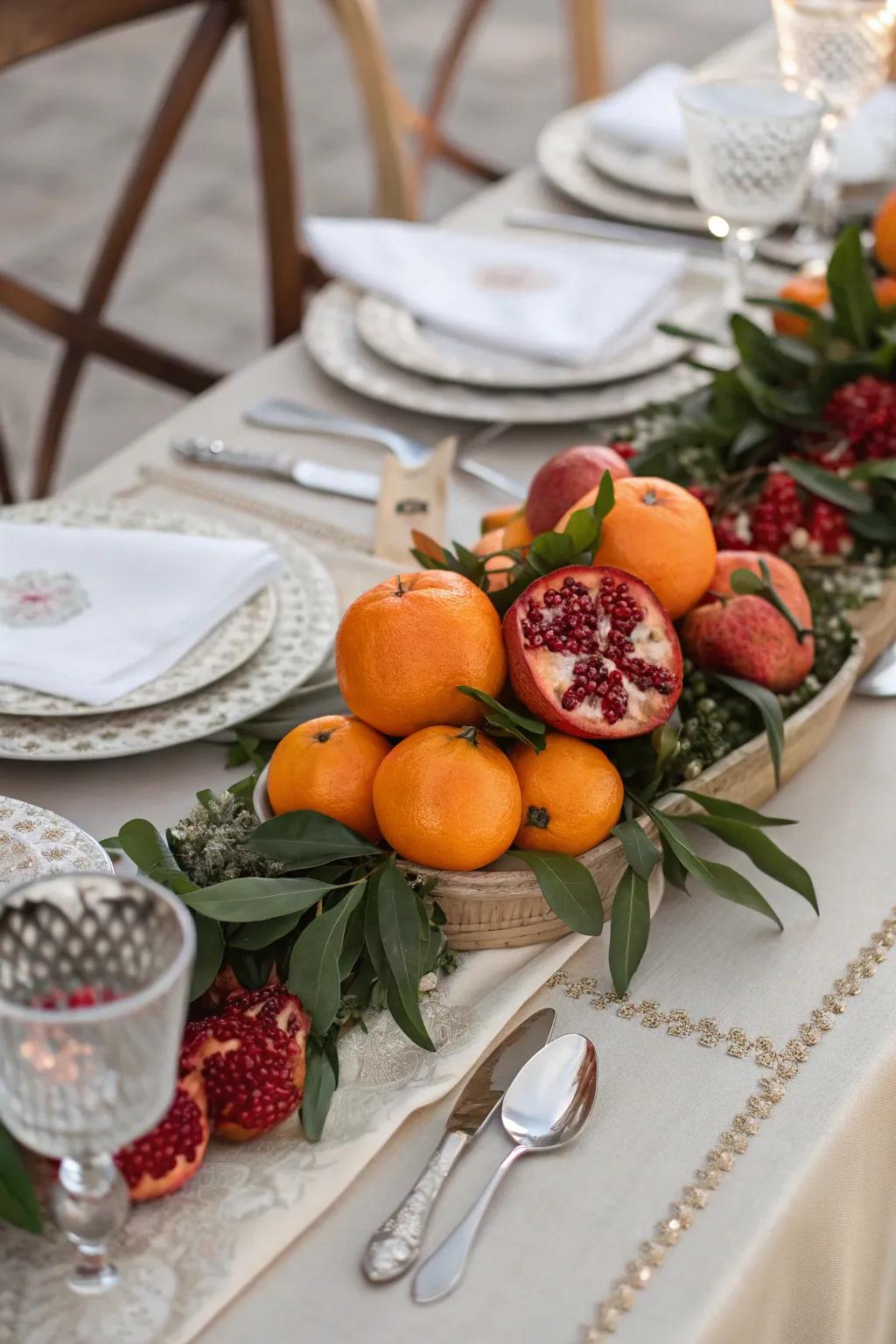 A vibrant centerpiece that showcases auspicious Chinese drupes.