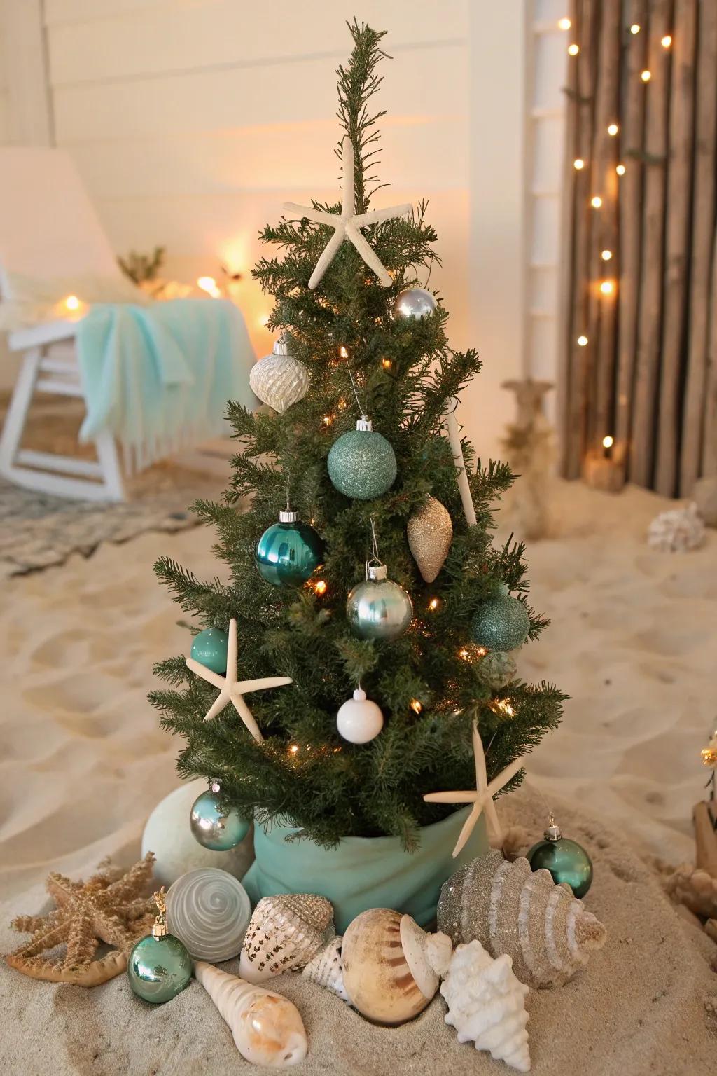 A coastal calm Christmas sphere tree that brings the seaside spirit indoors.