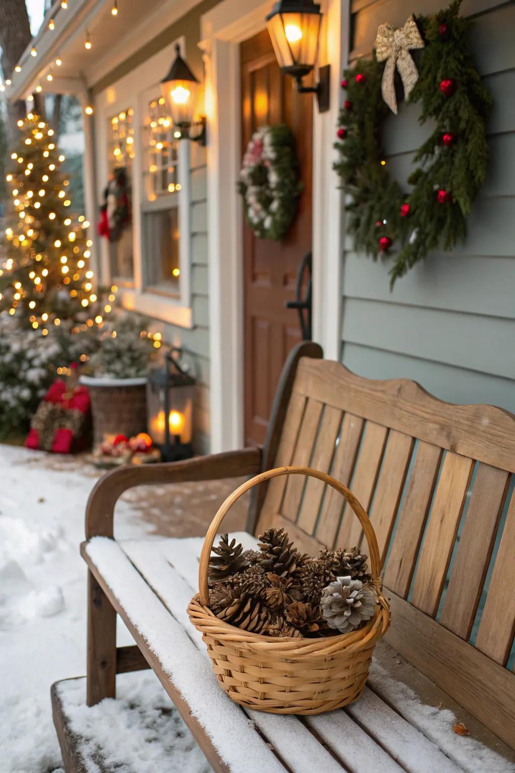 A basket of fir cones adds rustic charm to your decor.