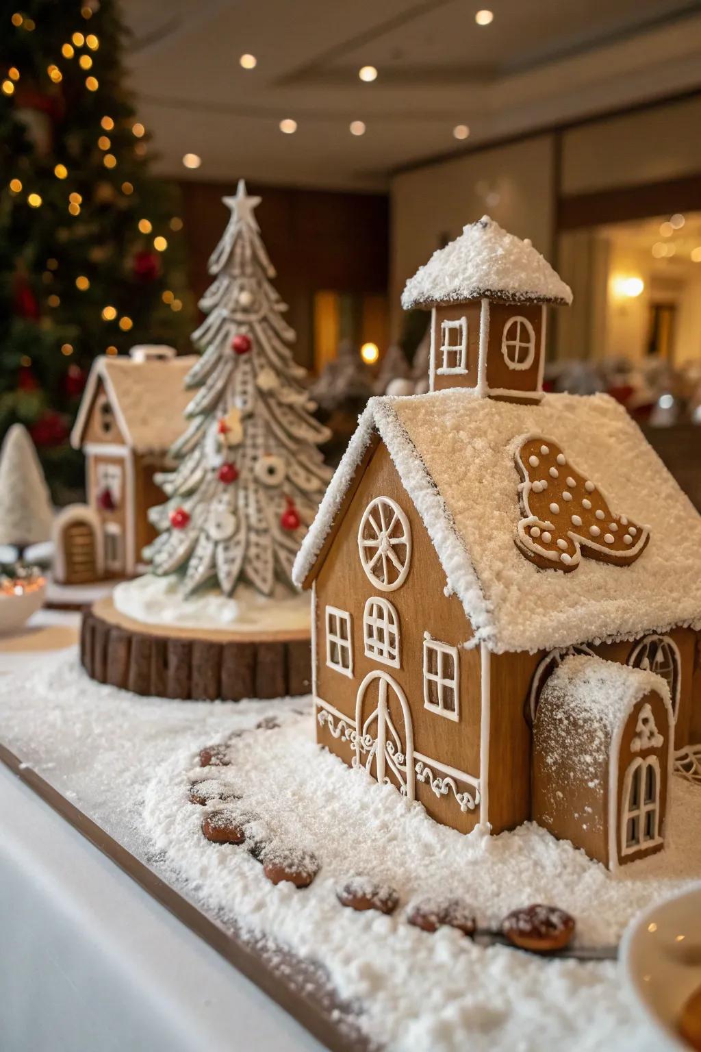 A gingerbread village centerpiece enchants with sweet holiday charm.