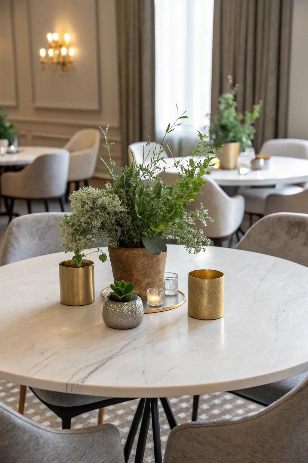 Minimalist elegance using modest greenery and metallic features.