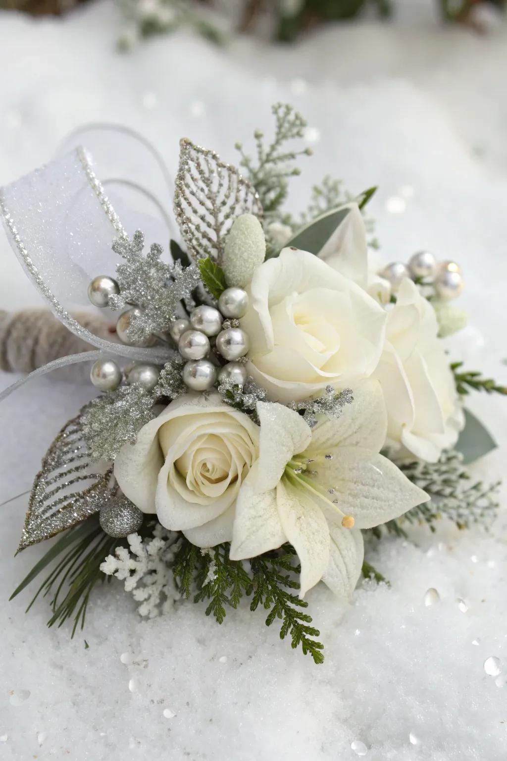 A serene Christmas corsage showcasing ivory and argent components.