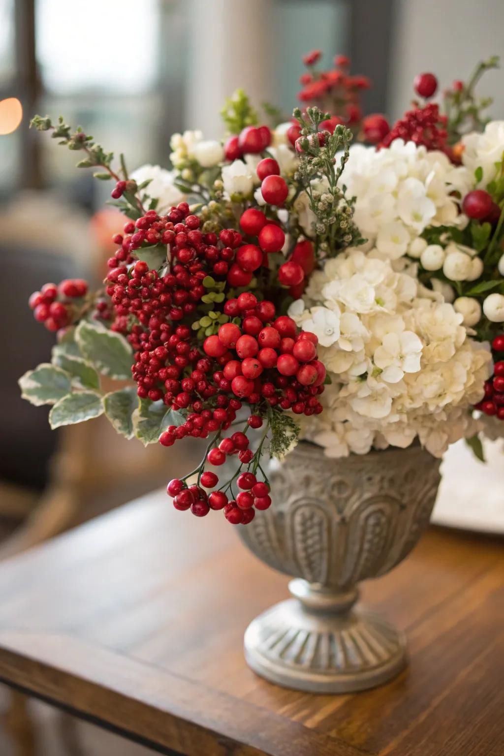 Red jewels add a festive touch to stylish flower setups.