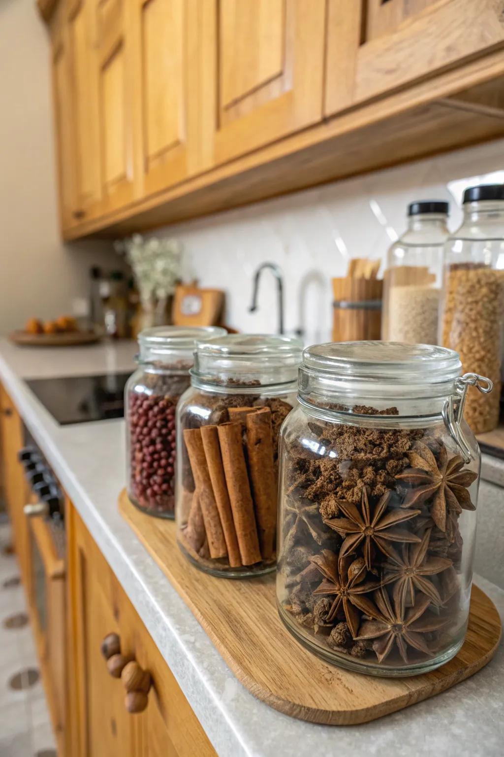 Seasonal spice jars add aroma and decor to the kitchen.