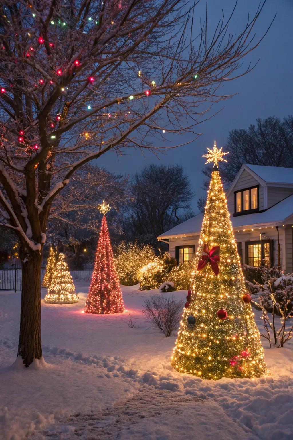 Animated light display trees adding dynamic flair to a festive garden display.