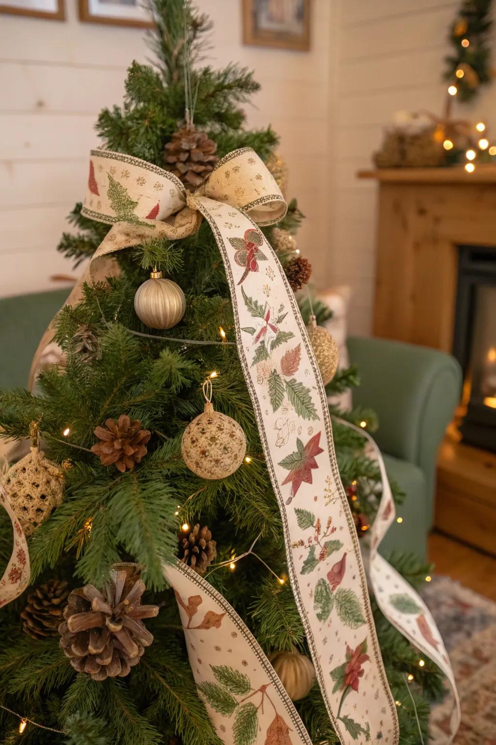 A Christmas tree showcasing nature-inspired ribbons, conveying an outdoor impression to indoor decor.