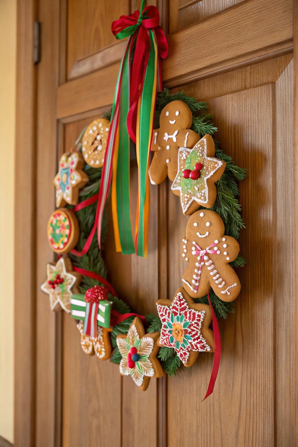 A tasty gingerbread cookie wreath that's both decorative and delicious.