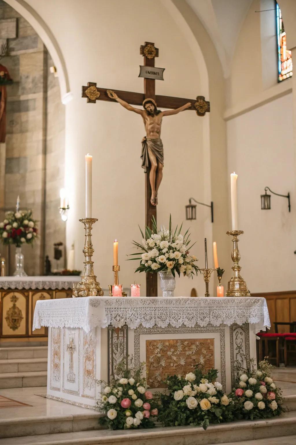 An altar featuring a prominent crucifix as a powerful focal point.