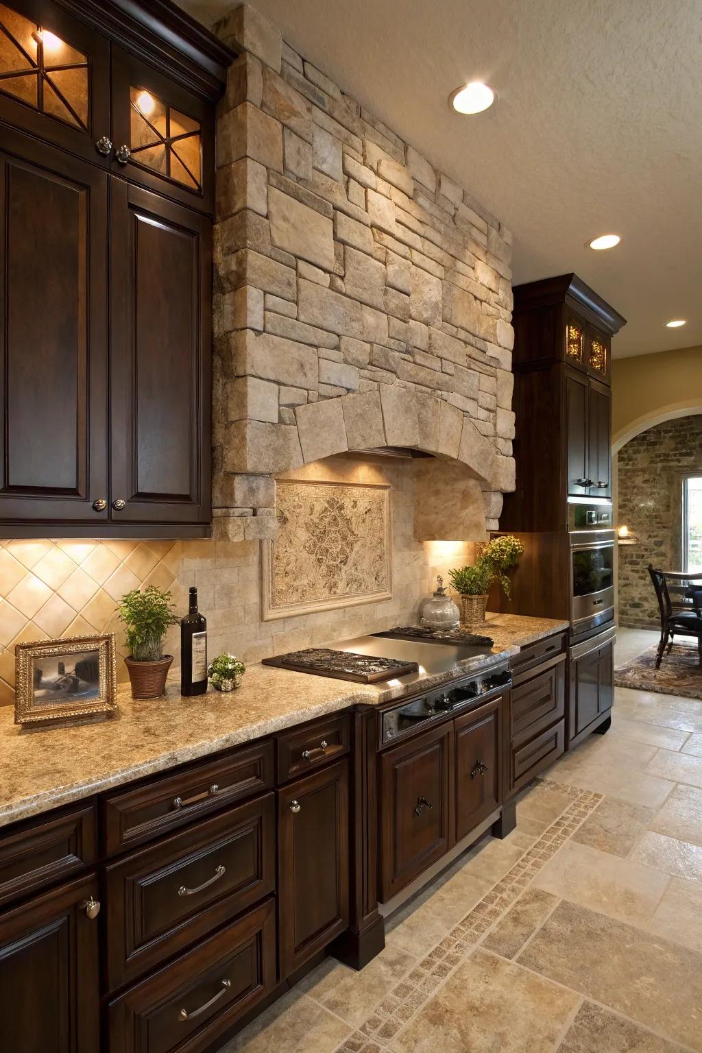 Inherent rock backsplash adds organic elegance to this kitchen.