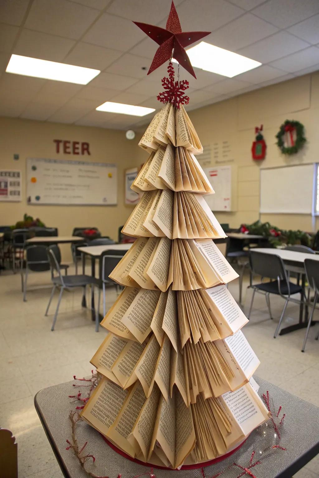 A literary-inspired Christmas tree made from book pages