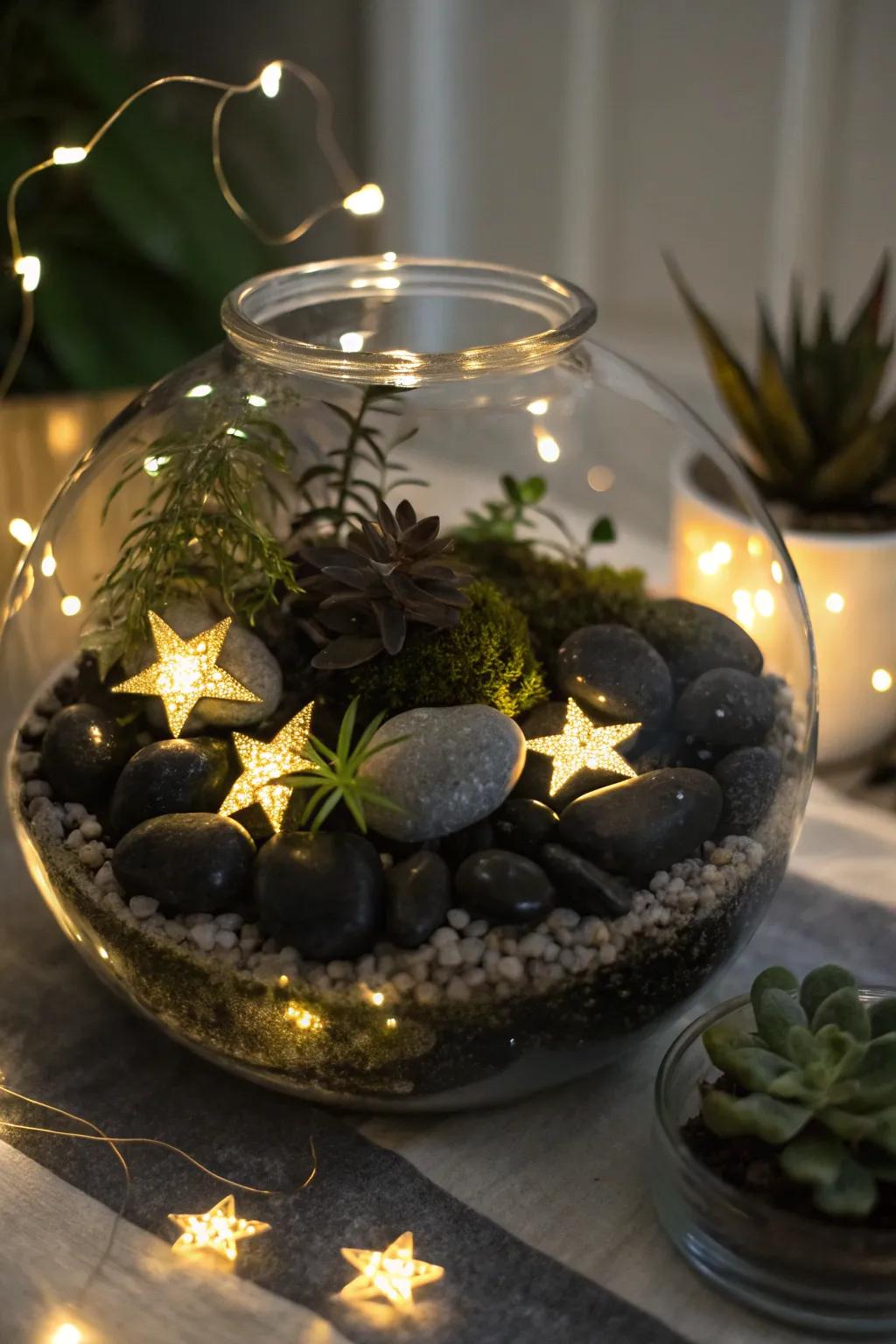 An empyrean twilight scene terrarium, ideal for stargazers.