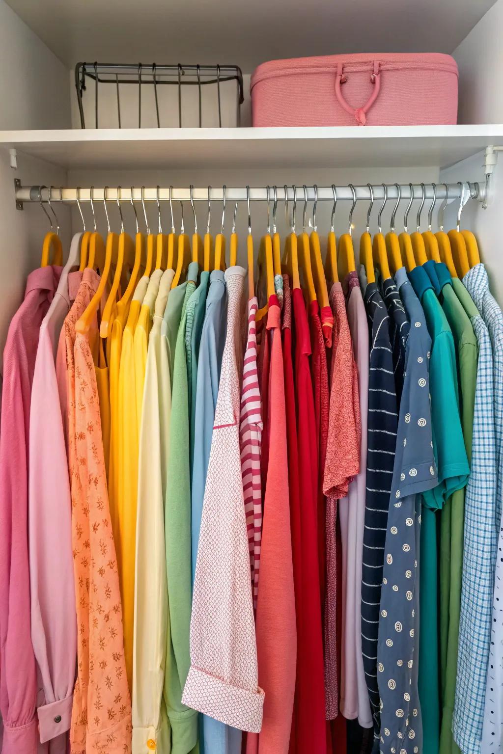 Colorful rods add a playful and artistic touch to closet organization.
