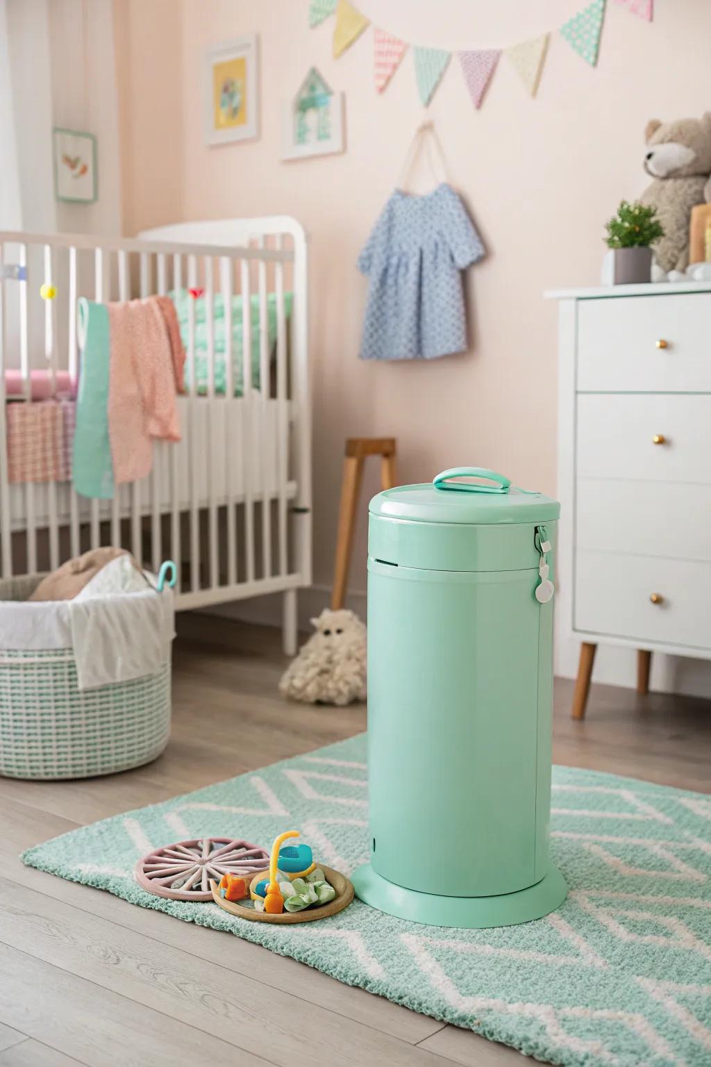A colorful diaper bin adds a playful touch to the nursery while serving a practical role.
