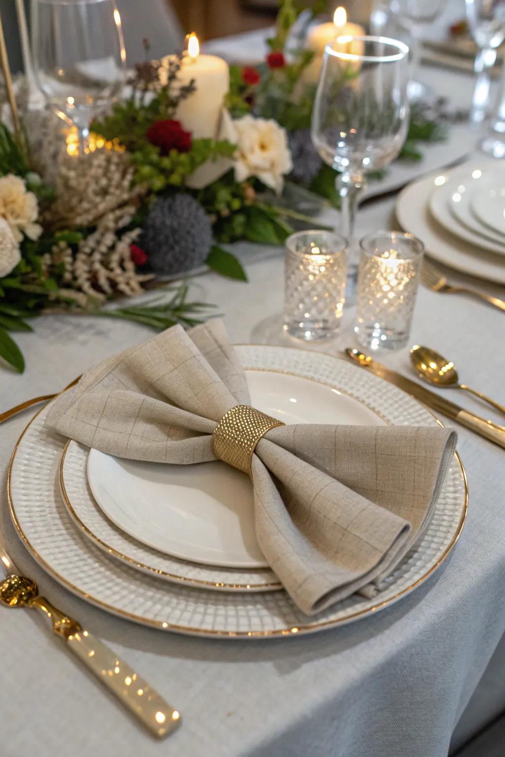 The bow tie napkin fold adds a playful touch to your decor.