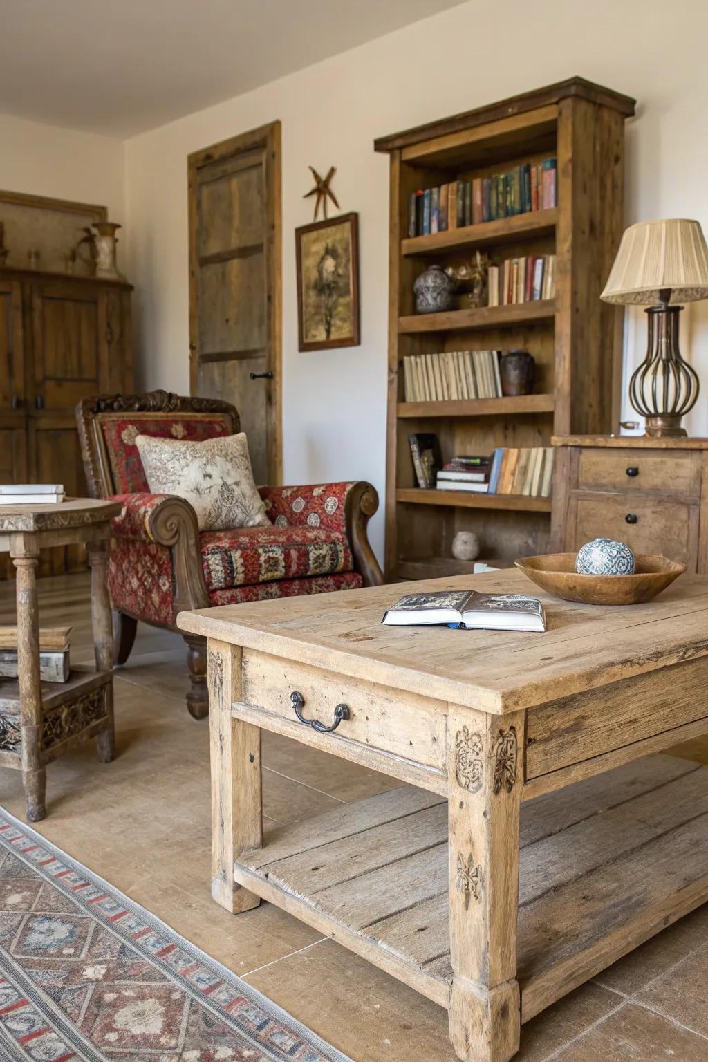 Aged finishes contribute uniqueness and charm to seaside country interiors.