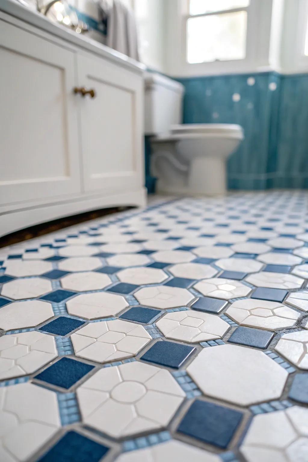 Hexagon tiles create a striking coastal pattern.