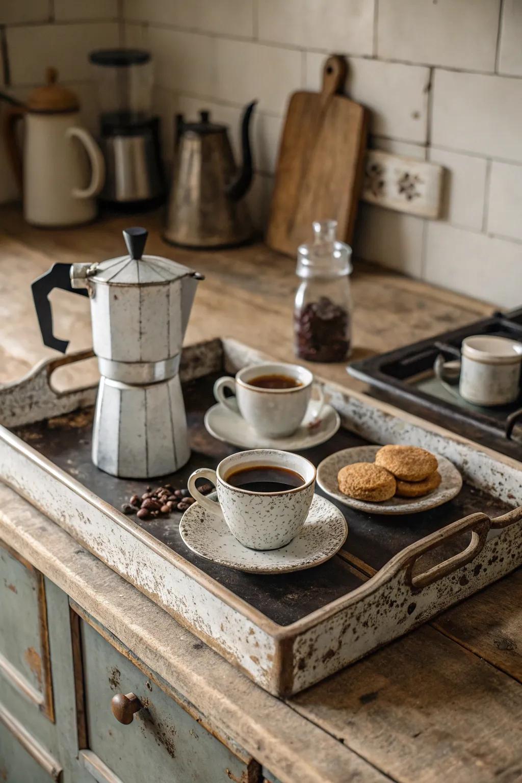 Vintage elements add charm to the coffee bar.