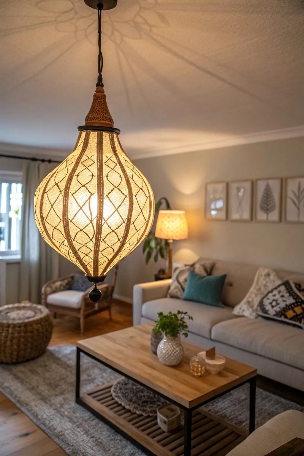 A unique pendant lamp creating a cozy atmosphere in a college apartment.