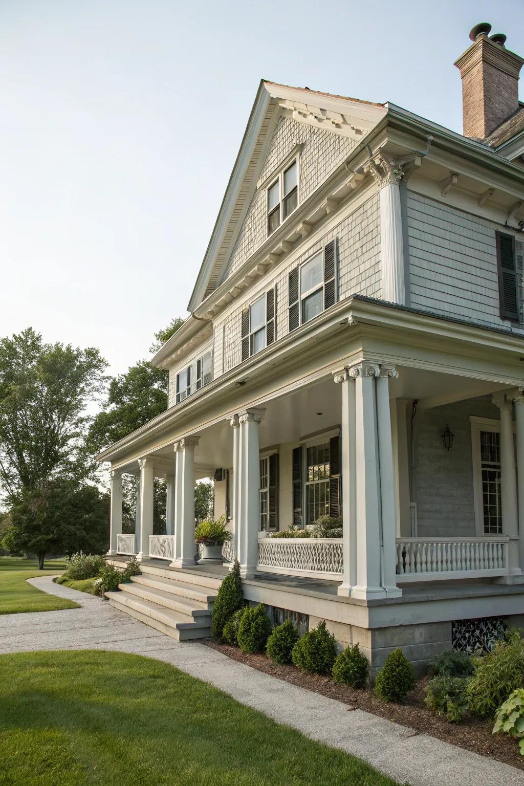 A colonial house with a soft slate facade, accentuating its stucco-clad features.