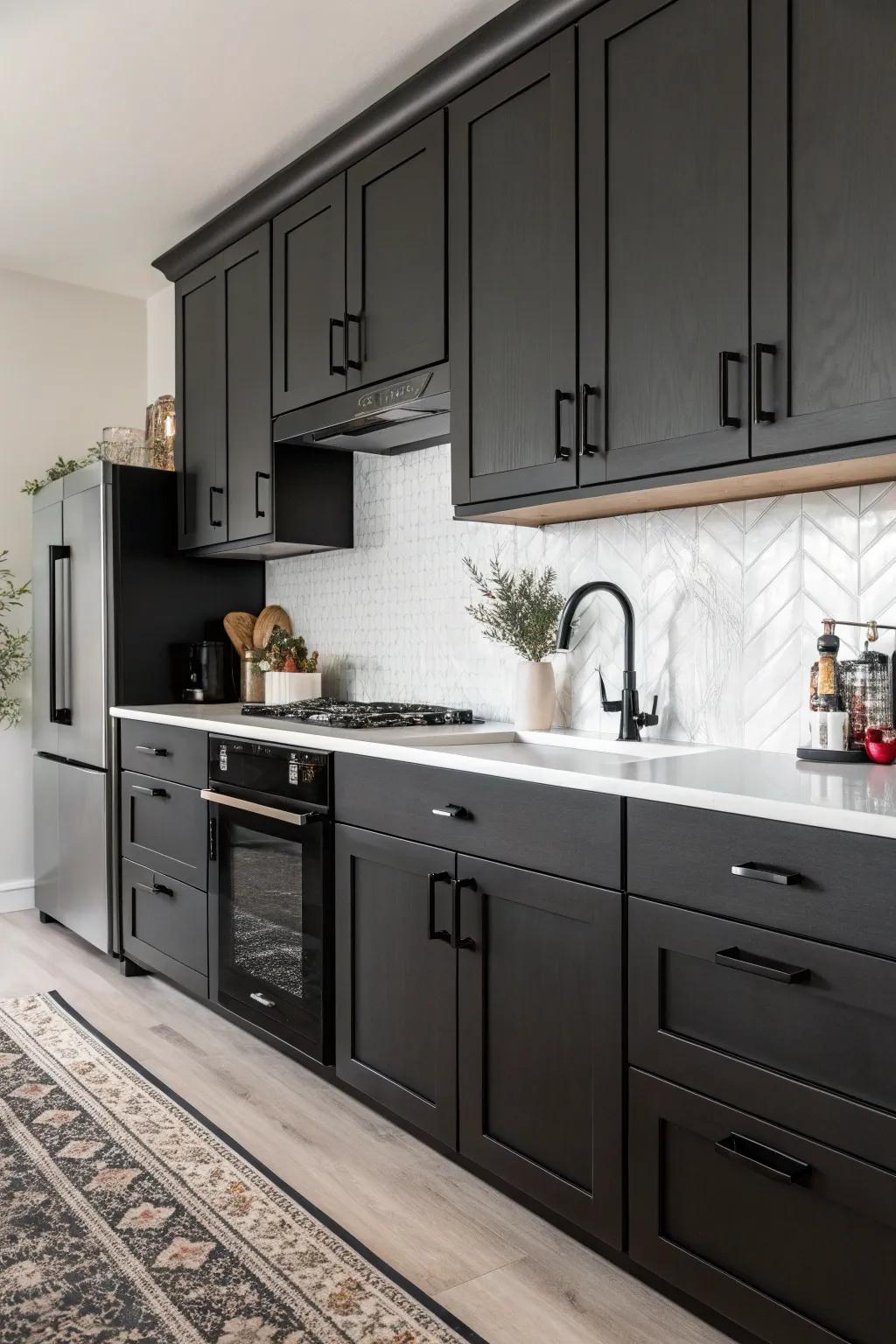Dark cabinets paired with dark hardware for a sleek and modern kitchen aesthetic.