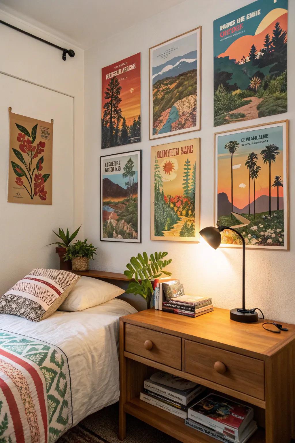 Tranquil nature imagery posters creating a soothing escape in a bedroom.