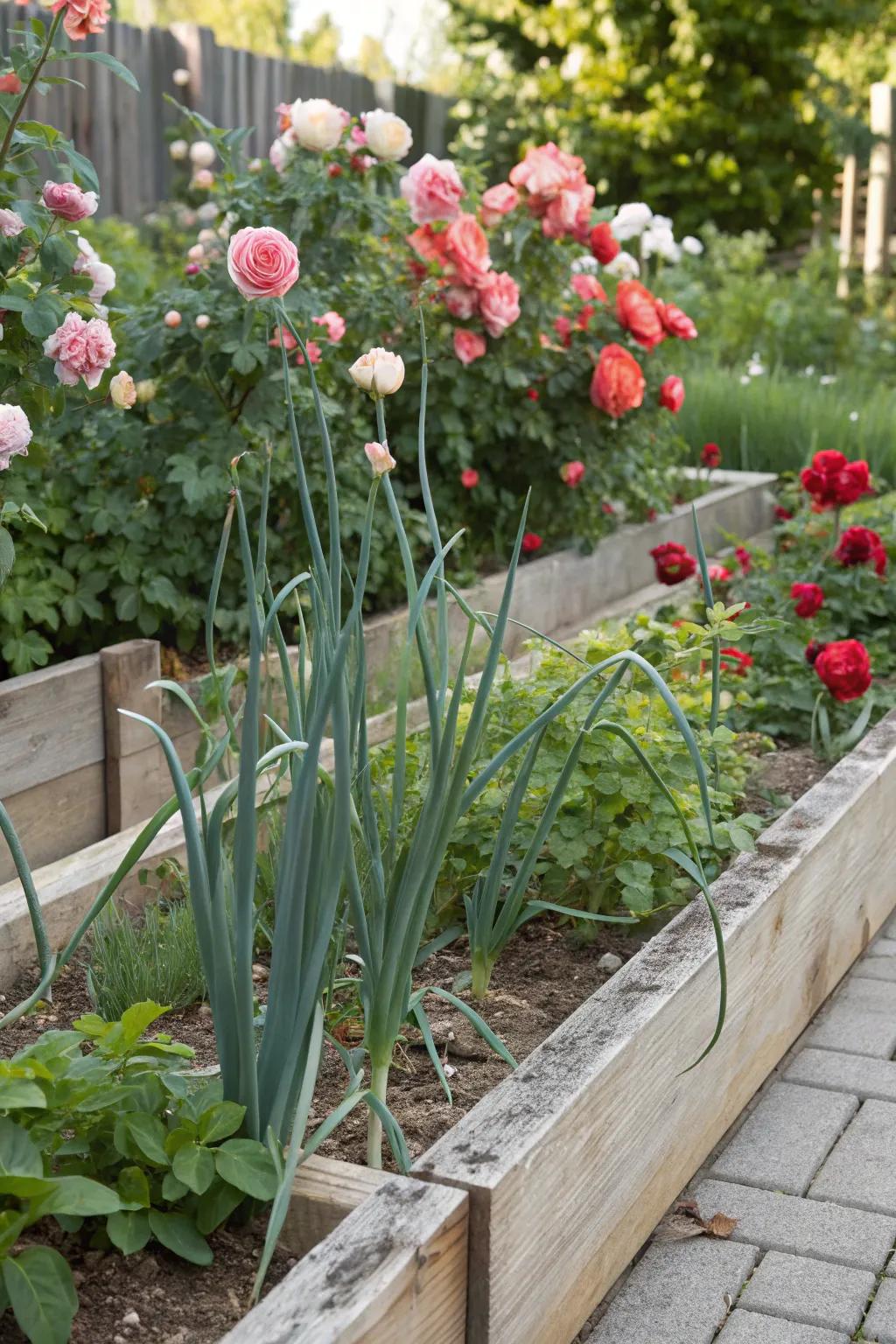 Sharp bulbs and floral queens, a surprising yet effective garden match.