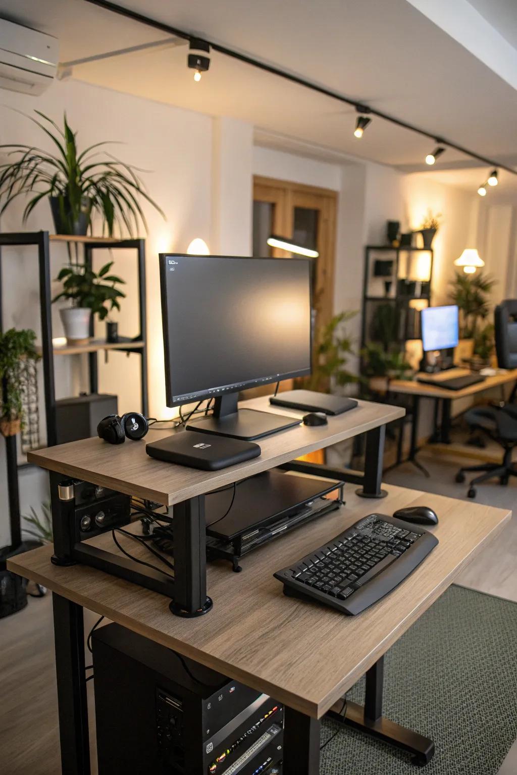 A vibrant computer area featuring a versatile standing desk.