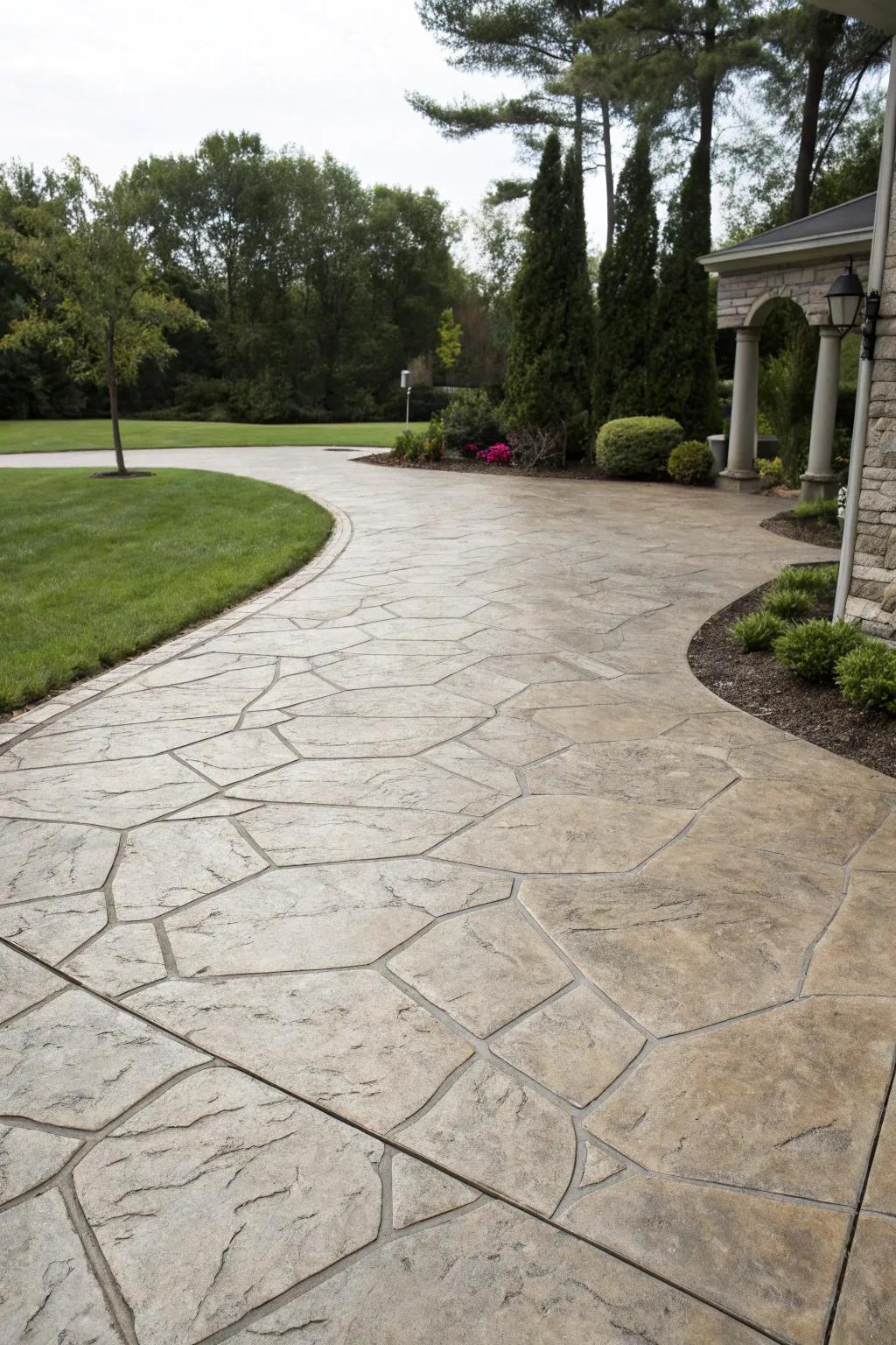 A driveway capturing the essence of natural stone through concrete.