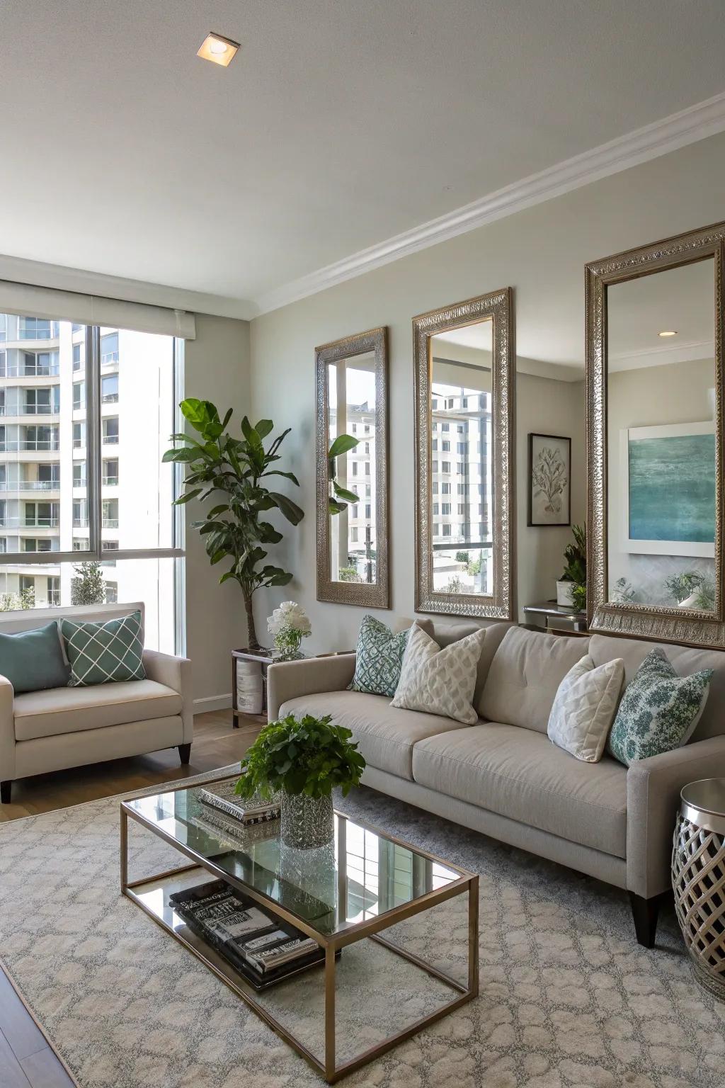Reflectors creating the illusion of more space in a condo living area.