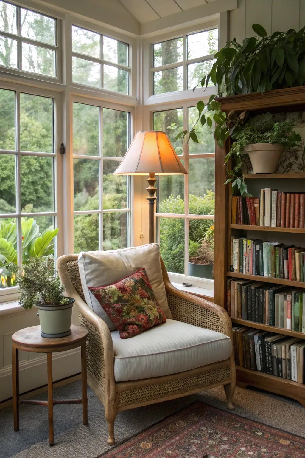 A snug reading nook in a conservatory, perfect for book enthusiasts.