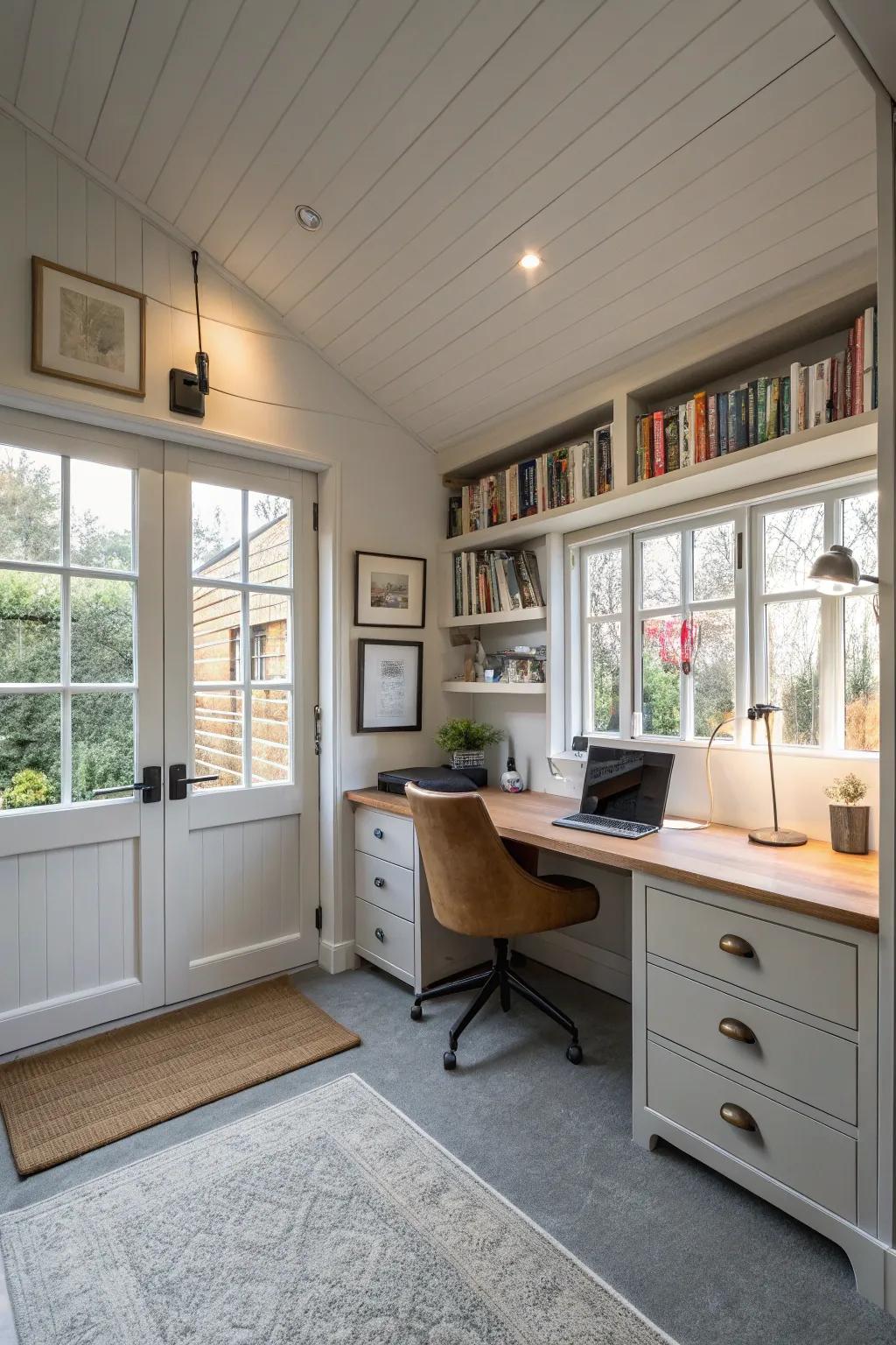 A garage converted into a serene and productive home office.