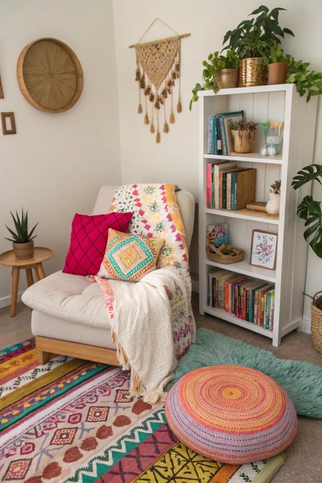 A bohemian inspired corner encourages relaxation and celebrates personal style.