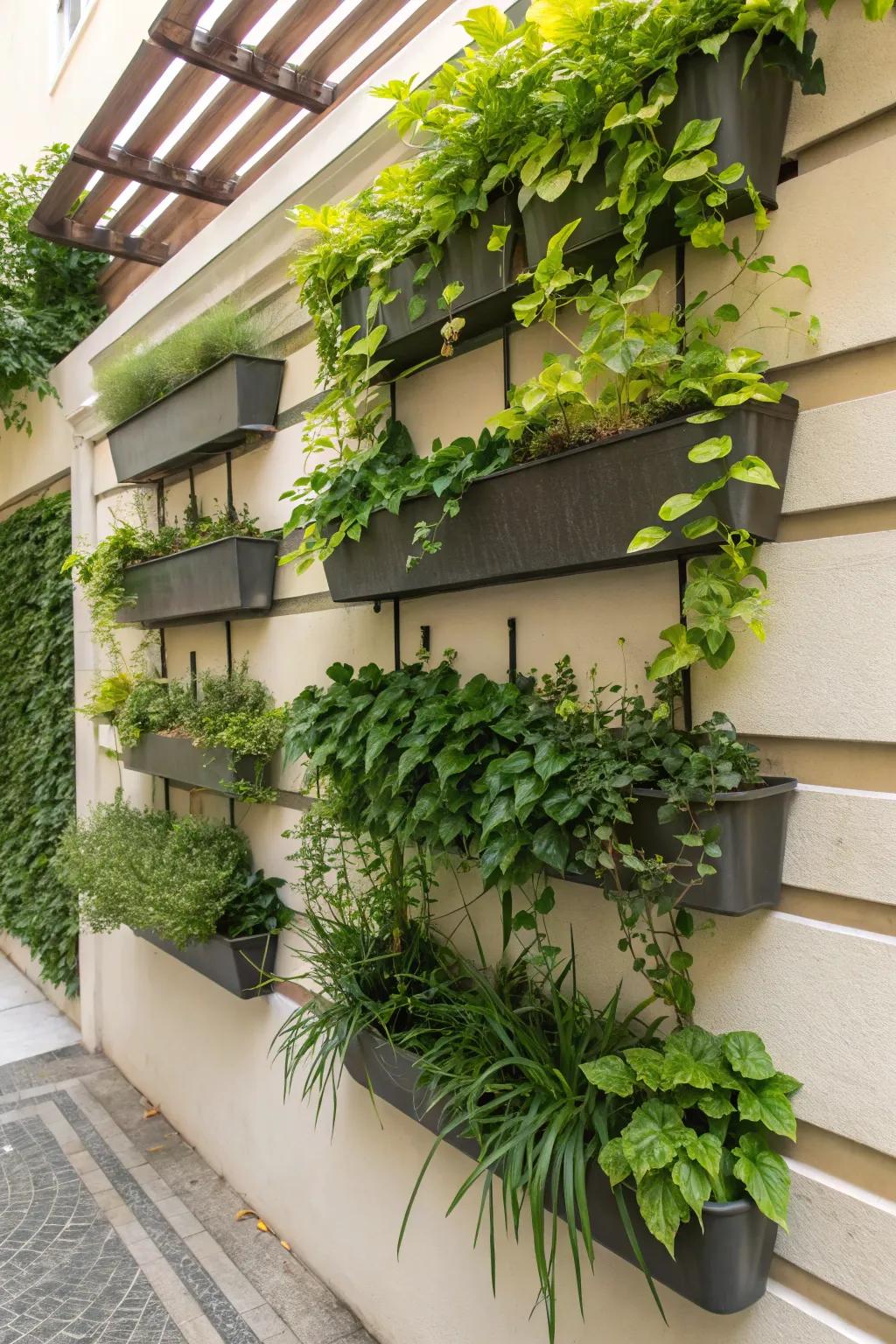 Wall-affixed greenery maximizes plants without using floor space.