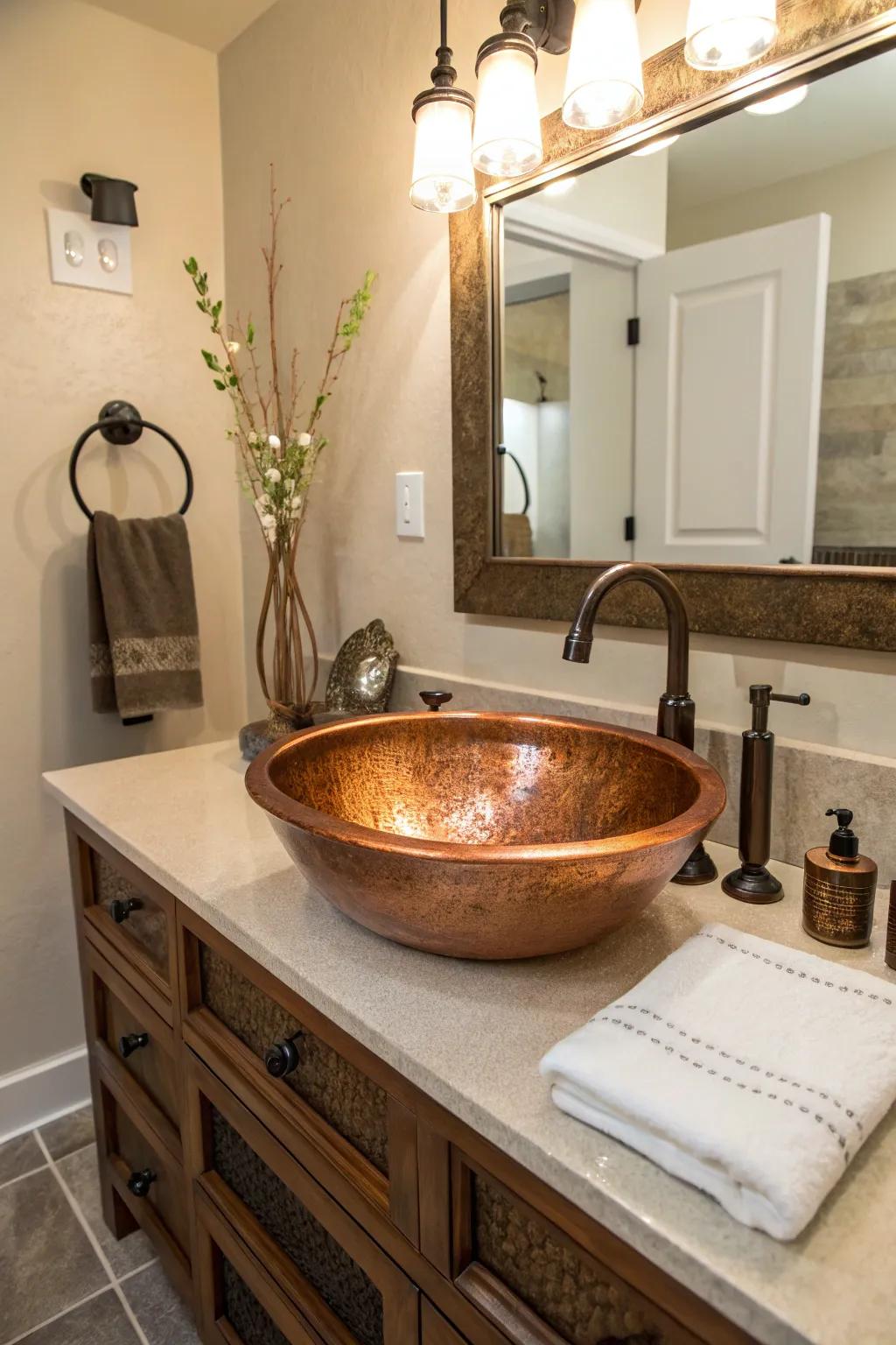 The copper sink's unique shape turns it into an attractive centerpiece in this bathroom.