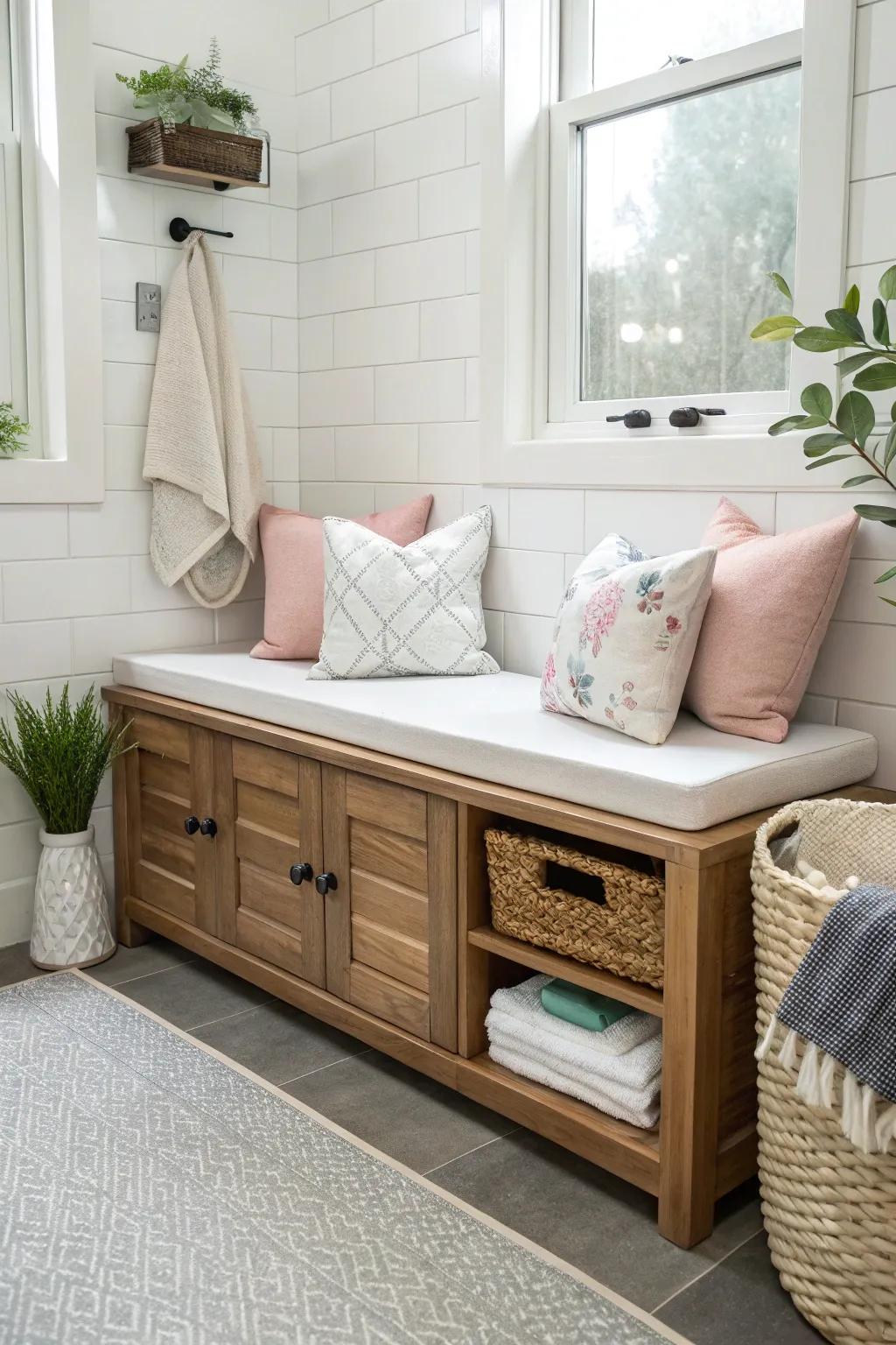 A corner storage bench offers seating and hidden storage.