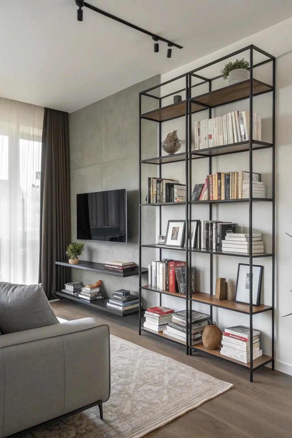 Metal shelves offer a polished, understated aesthetic.