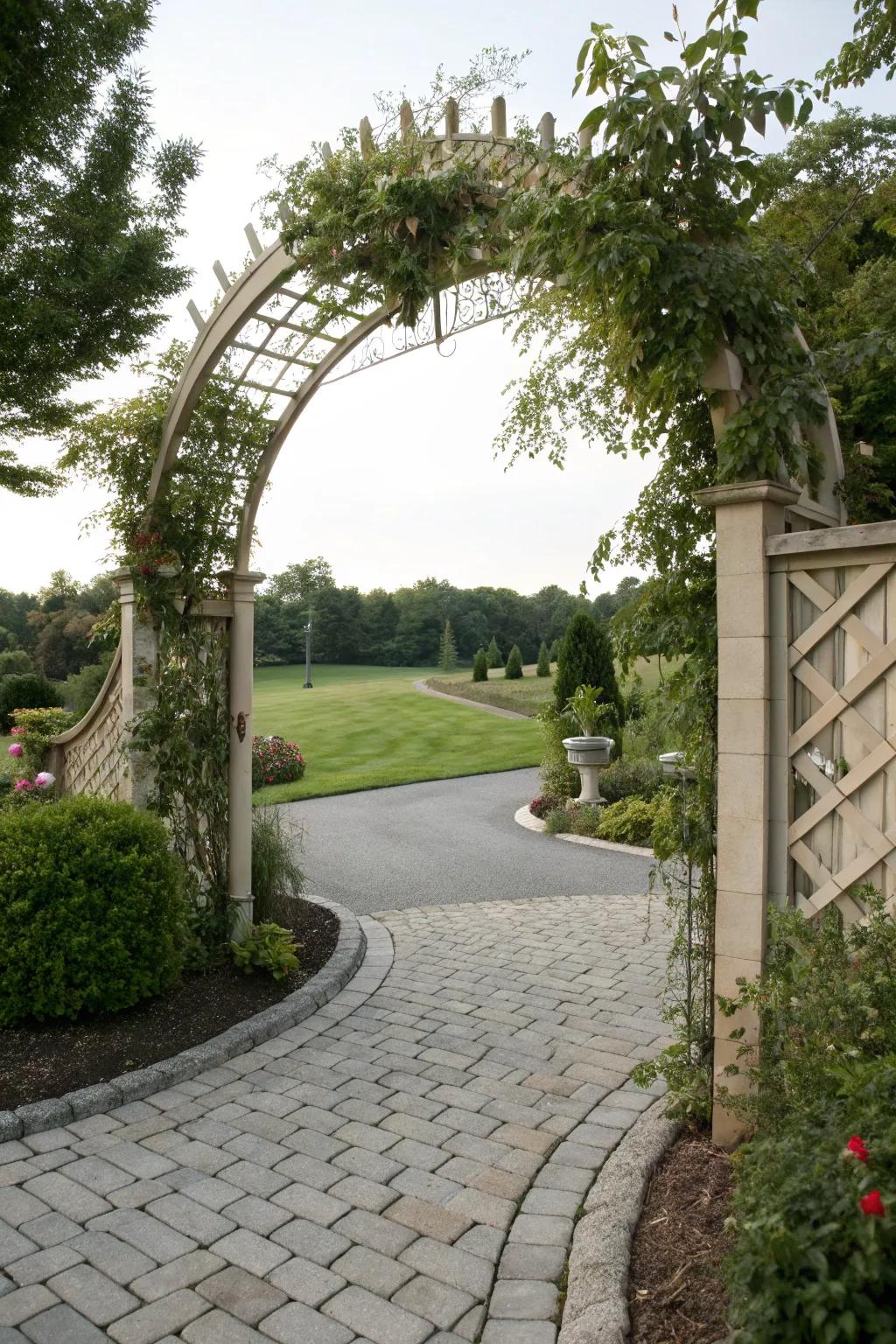 A decorative archway warmly greeting guests at the driveway entrance.