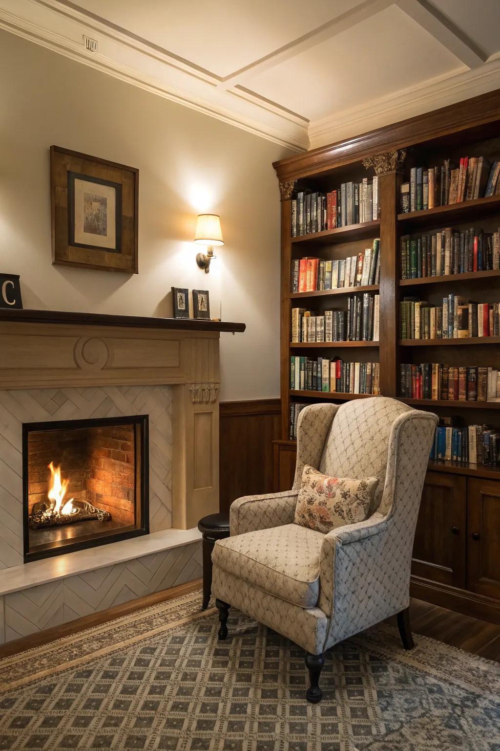 A cozy reading nook nestled by a corner fireplace.