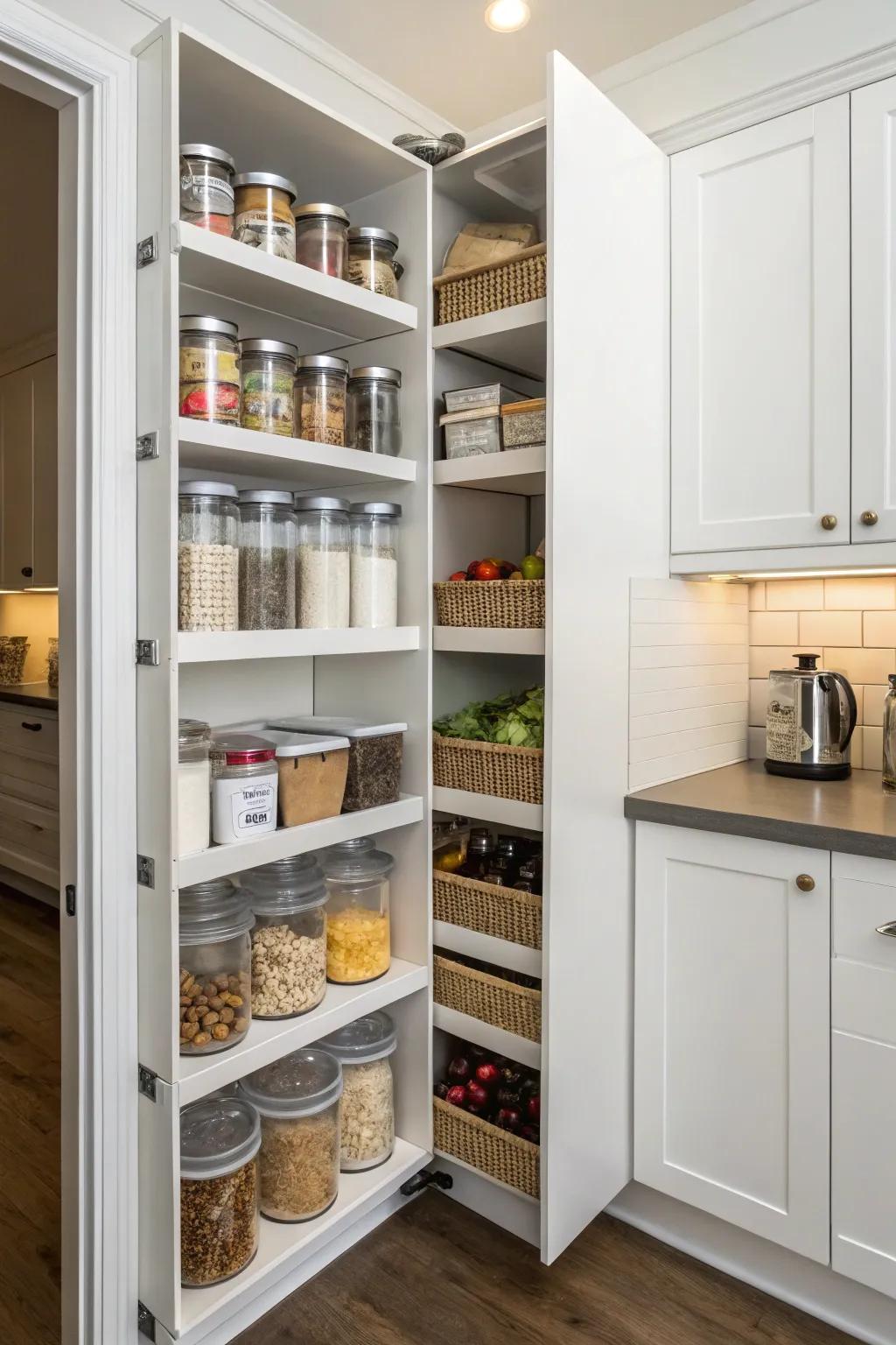 Tall corner pantry shelves designed for vertical storage.