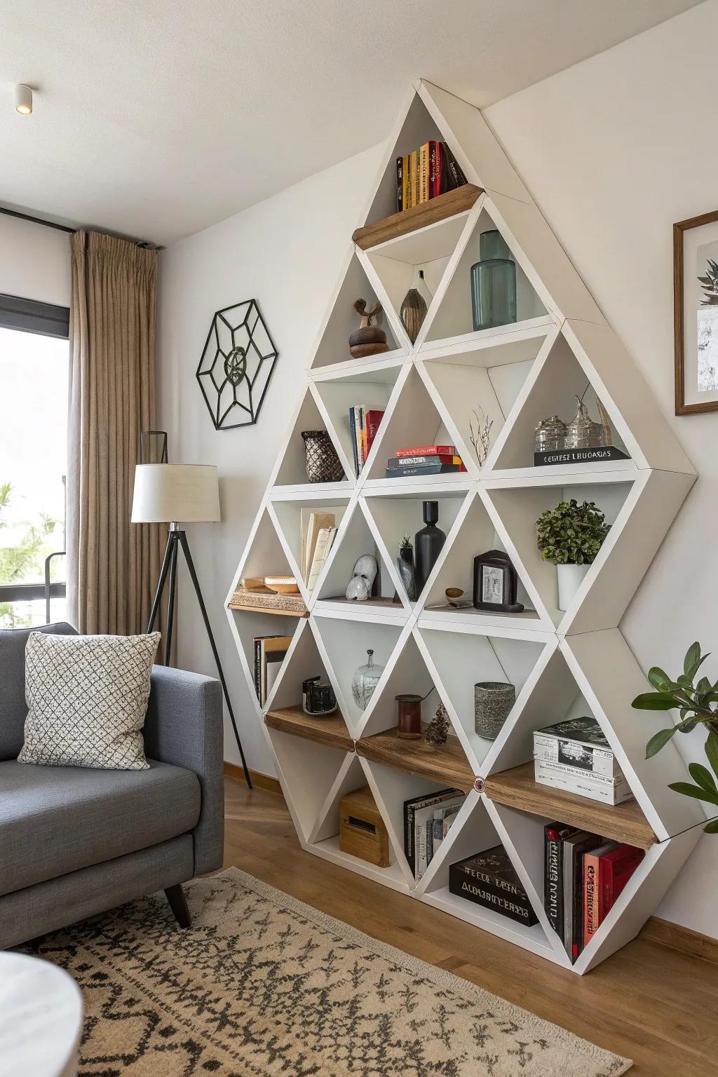 Geometric corner shelves adding architectural interest.