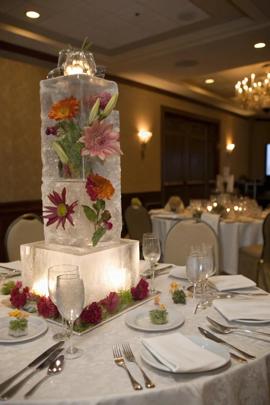 Dramatic ice art with floral touches as a centerpiece.