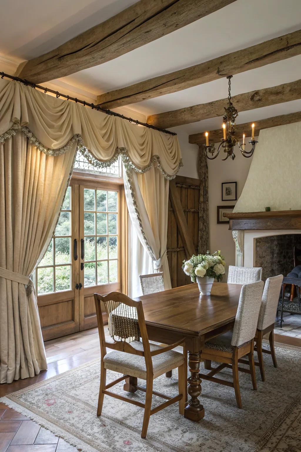 Draped valances enhance the elegance of cottage interiors.