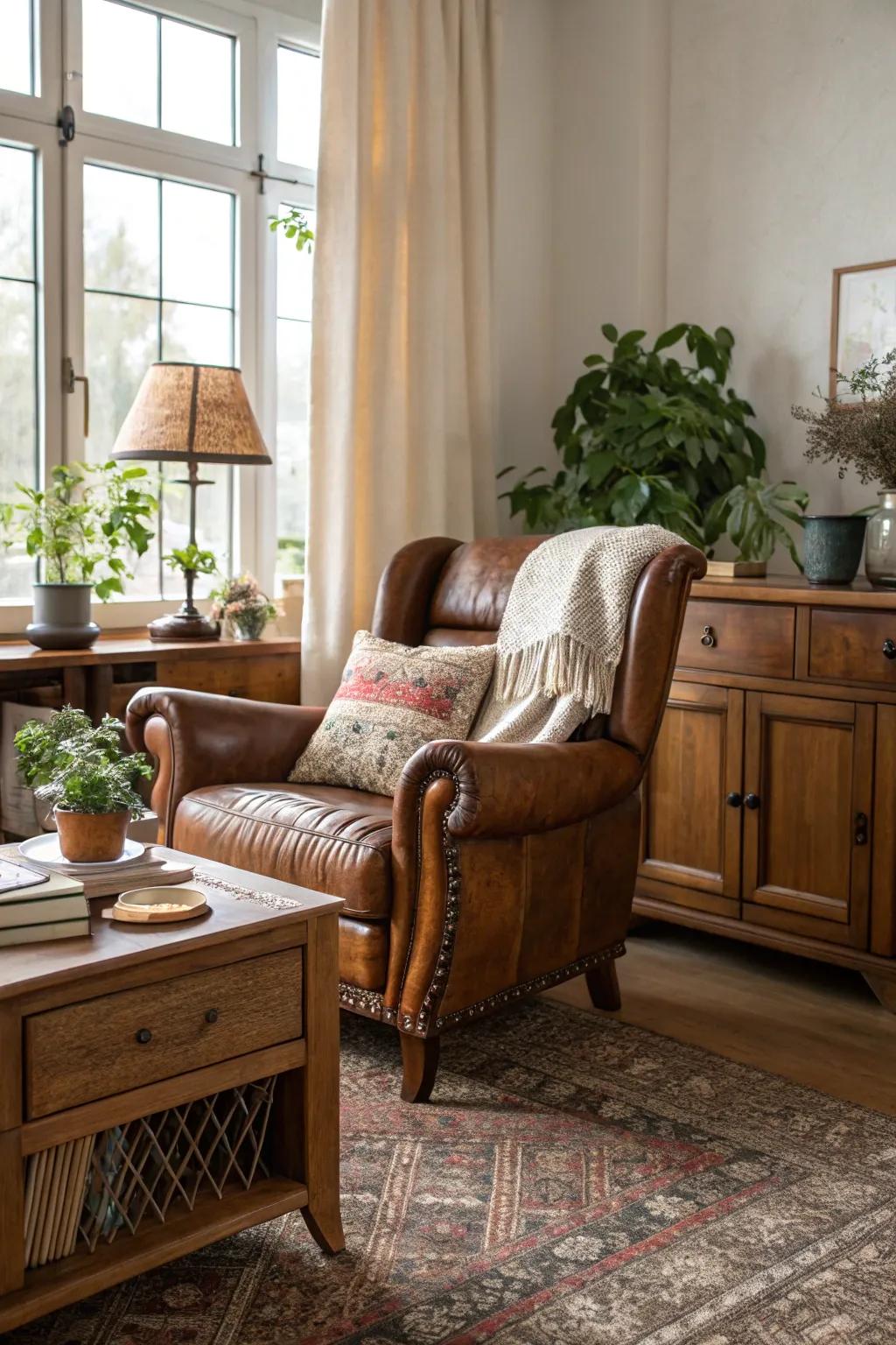 A classic leather armchair adds sophistication to the living room.
