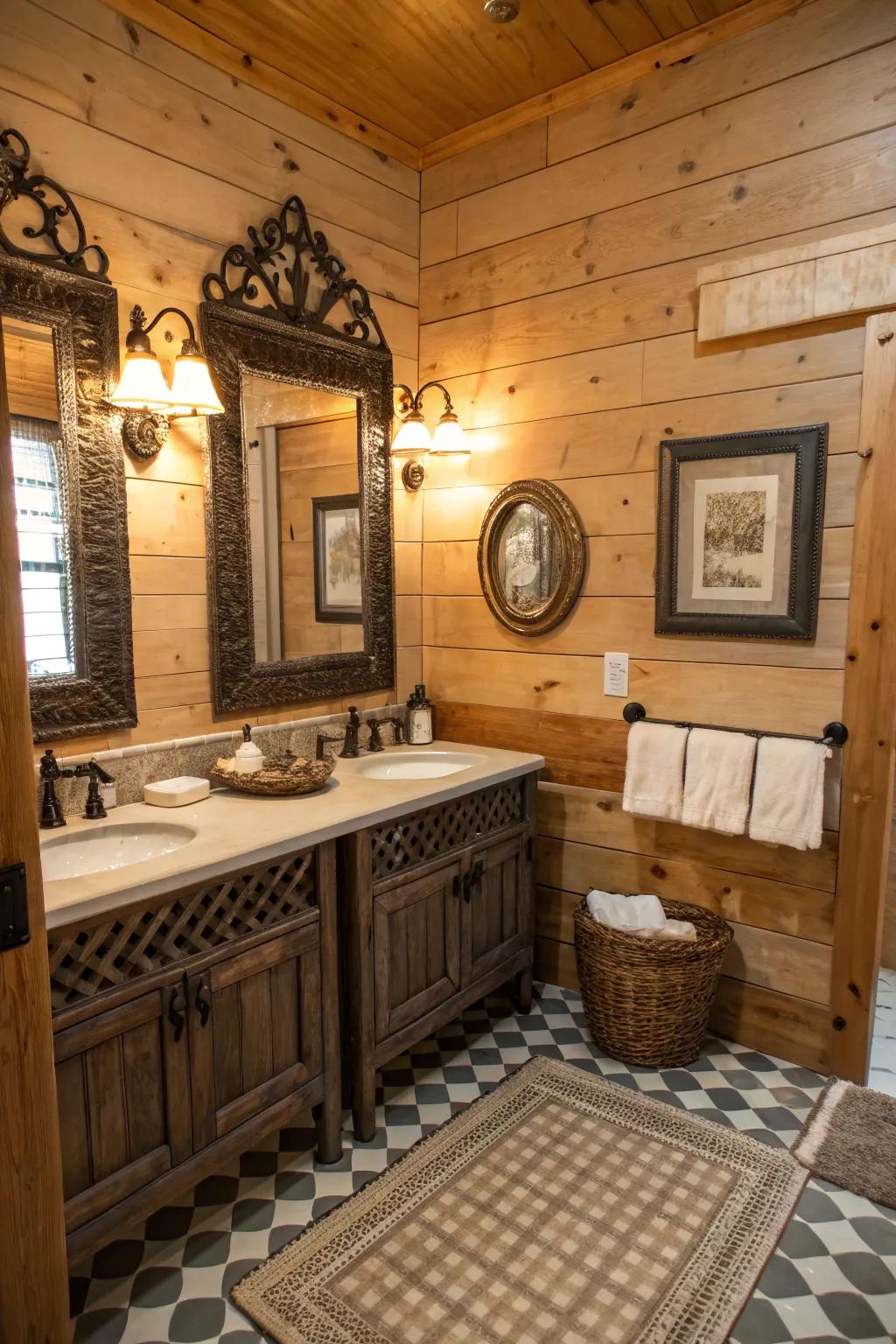 Vintage mirrors add depth and elegance to this country bathroom.