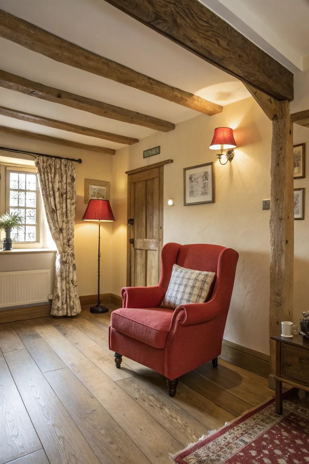 An interior featuring a bold red chair as a surprising color accent.